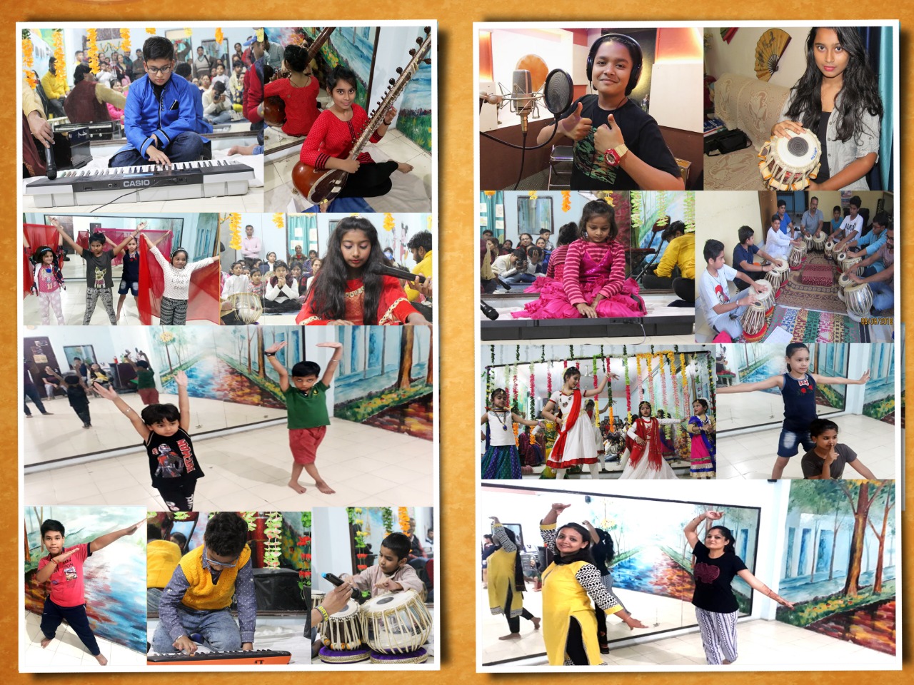 Collage of Sur Sangam Kala Academy students performing music, dance and studio recording