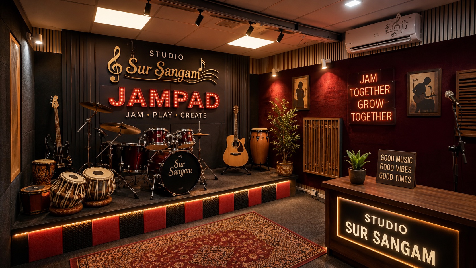 Studio Sur Sangam — a fully decked out room with a drum kit, tabla, guitars and stage lighting